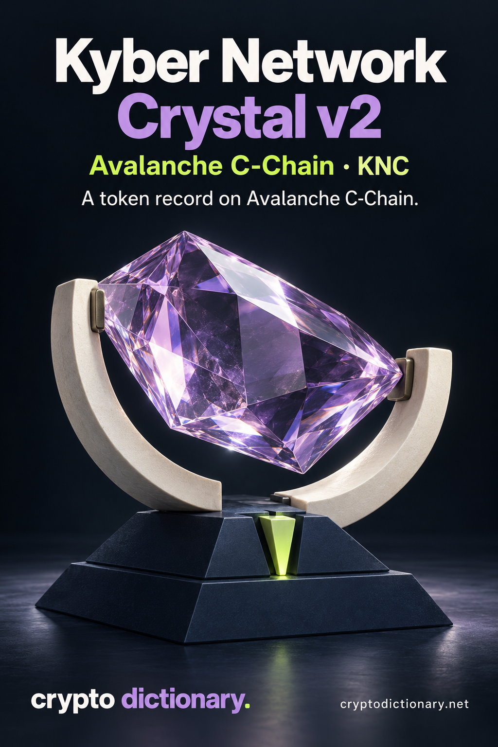 An irregular lilac crystal in ivory semicircular clamps on a navy tiered plinth with lime locator wedge, labelled Kyber Network Crystal v2, Avalanche C-Chain and KNC.