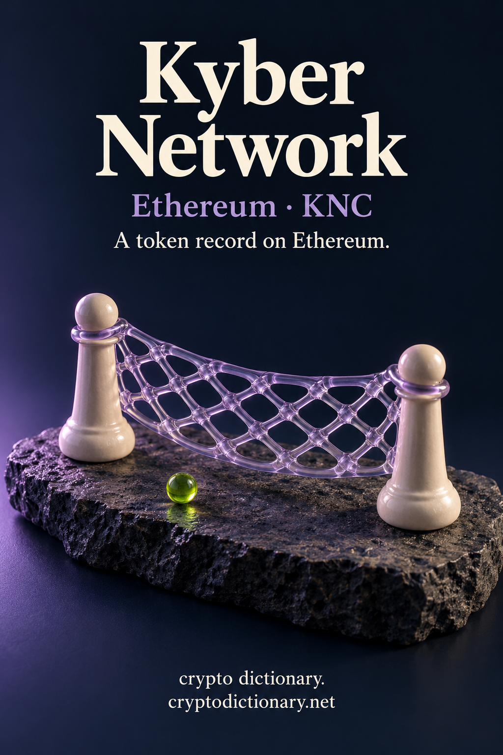 A lilac glass net hangs between ivory ceramic posts above basalt and a lime bead, labeled Kyber Network and Ethereum · KNC.