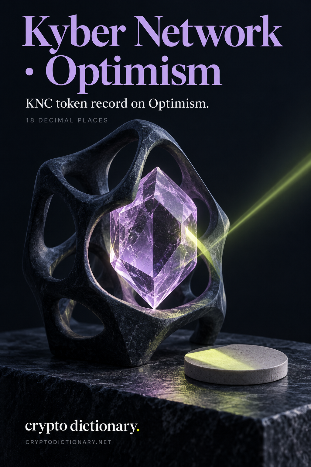 Lilac faceted crystal held by a navy lattice, illustrating Kyber Network KNC on Optimism.