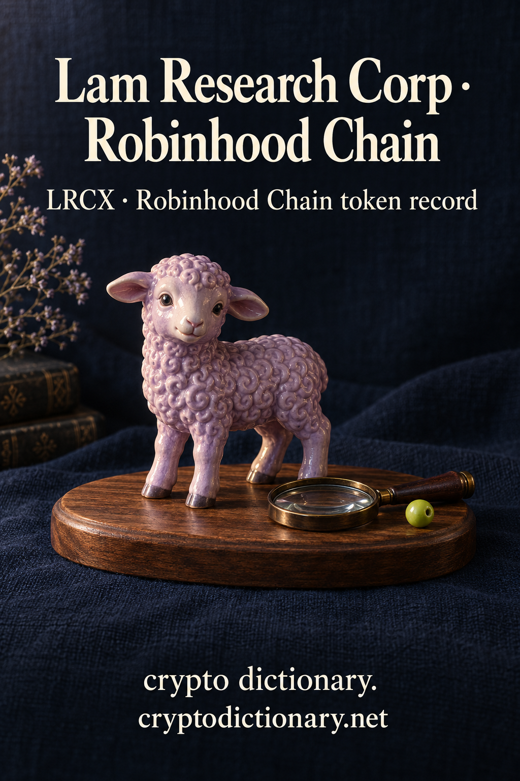 Lilac ceramic lamb beside an idle magnifying glass on a wooden plinth, illustrating the Lam Research Corp registry name on Robinhood Chain.