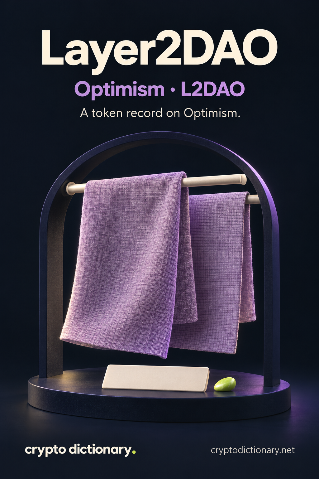 Layer2DAO on Optimism, ticker L2DAO: two lilac linen specimen layers hanging at separated depths in a navy arch frame.