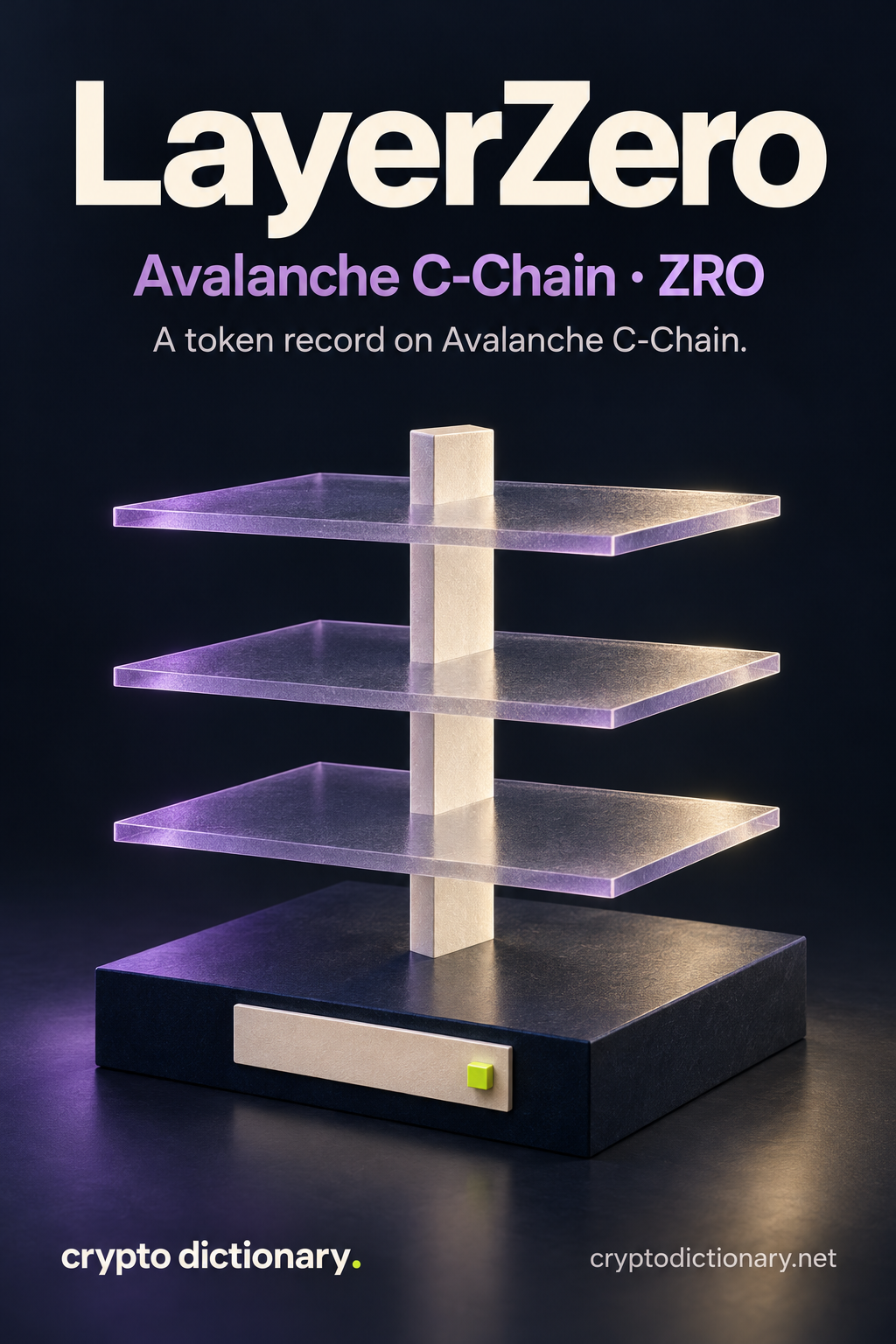 LayerZero on Avalanche C-Chain, ticker ZRO: three separated lilac glass specimen planes on an ivory spine with a blank registry tab.