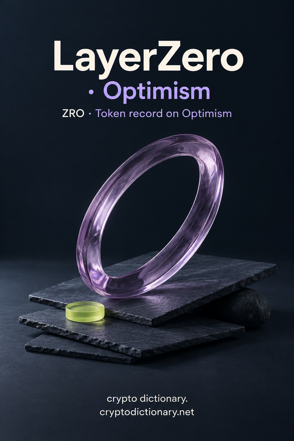 LayerZero on Optimism registry illustration with a glass oval ring on layered blank slate.