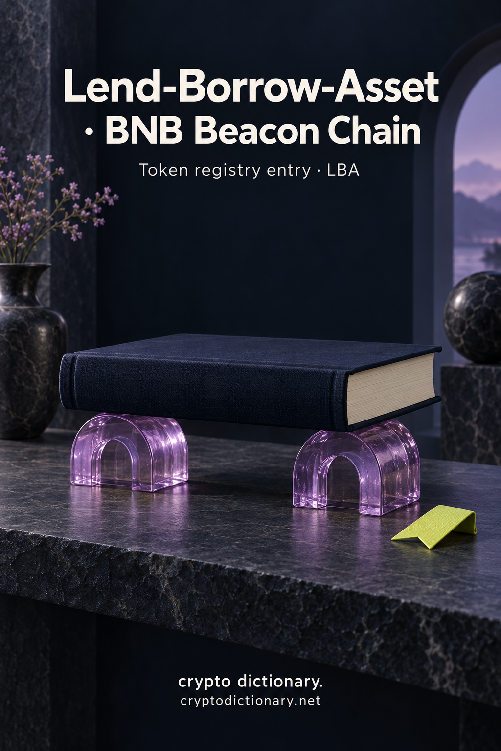 Blank navy book on lilac glass cradles, titled Lend-Borrow-Asset · BNB Beacon Chain.