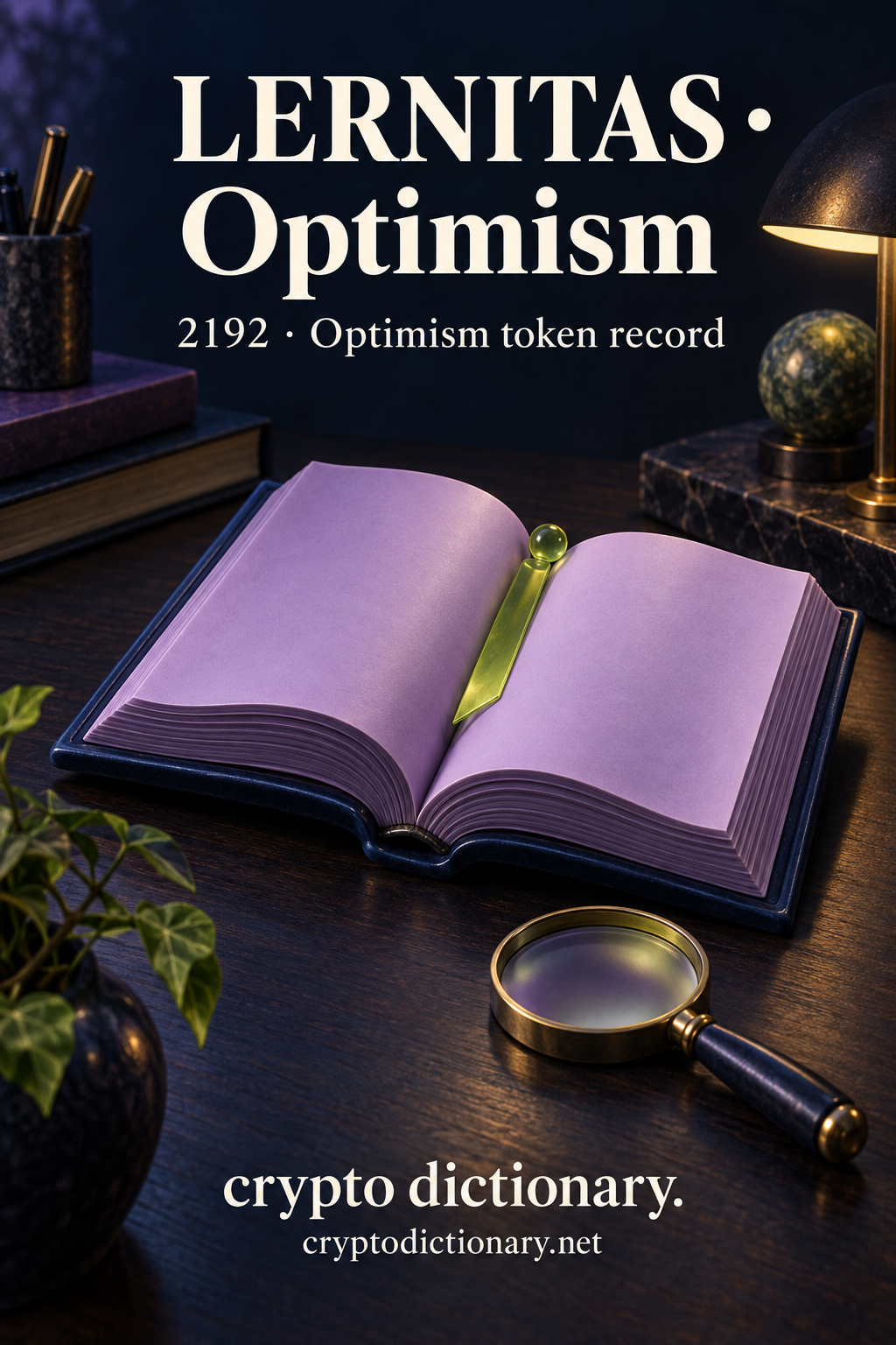An open navy ceramic book with blank lilac pages and lime bookmark beside an unmarked magnifying glass; LERNITAS · Optimism registry artwork.