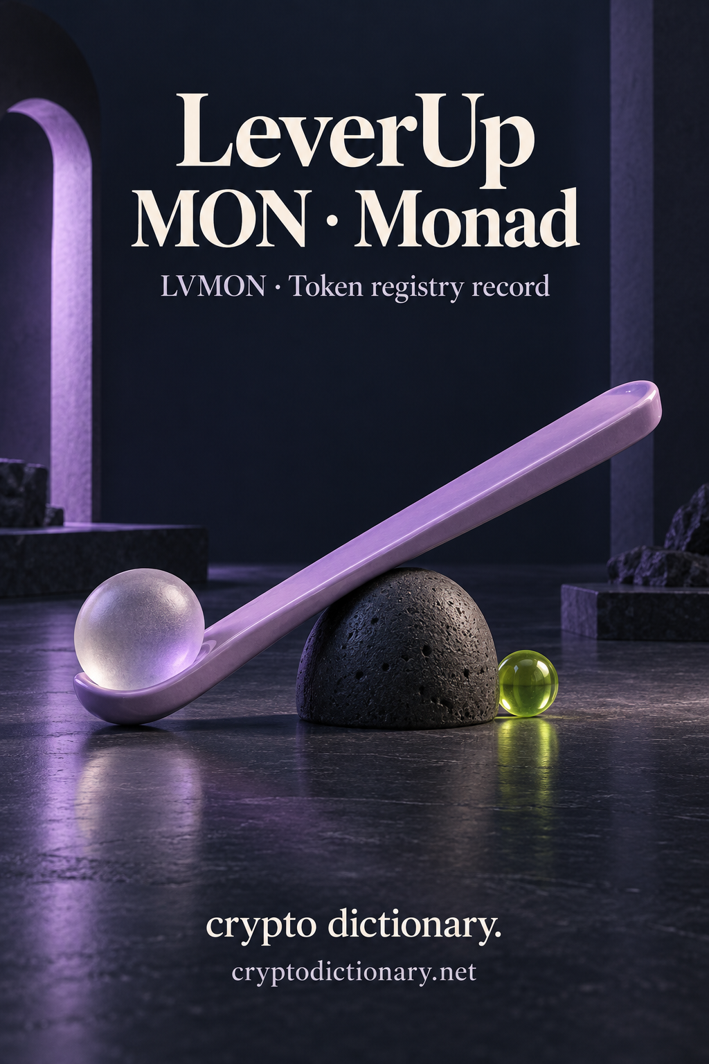 Diagonal lilac ceramic lever balances a frosted glass sphere on basalt, beneath LeverUp MON · Monad.