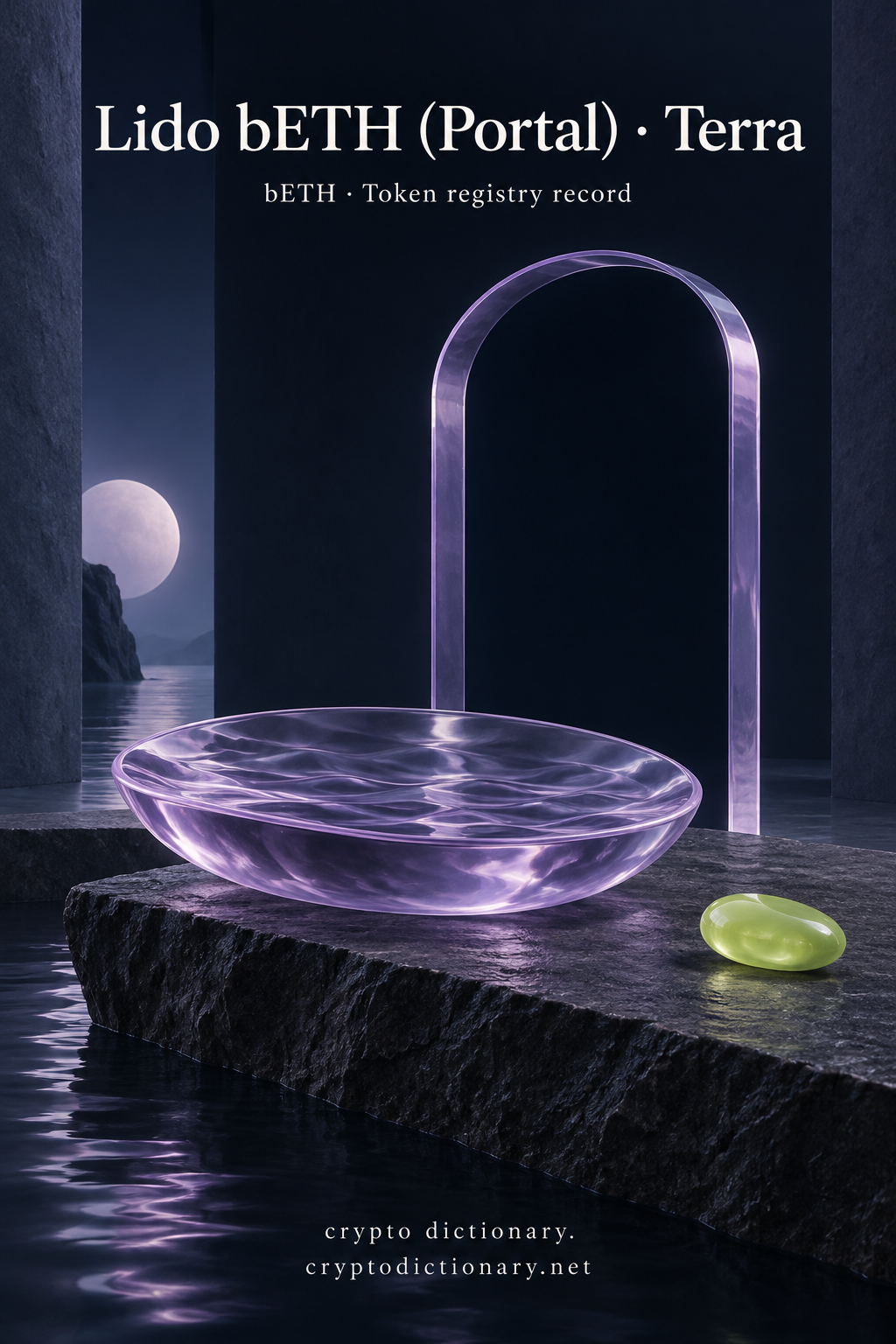 Rippled lilac glass dish and empty arch on dark stone, titled Lido bETH (Portal) · Terra.