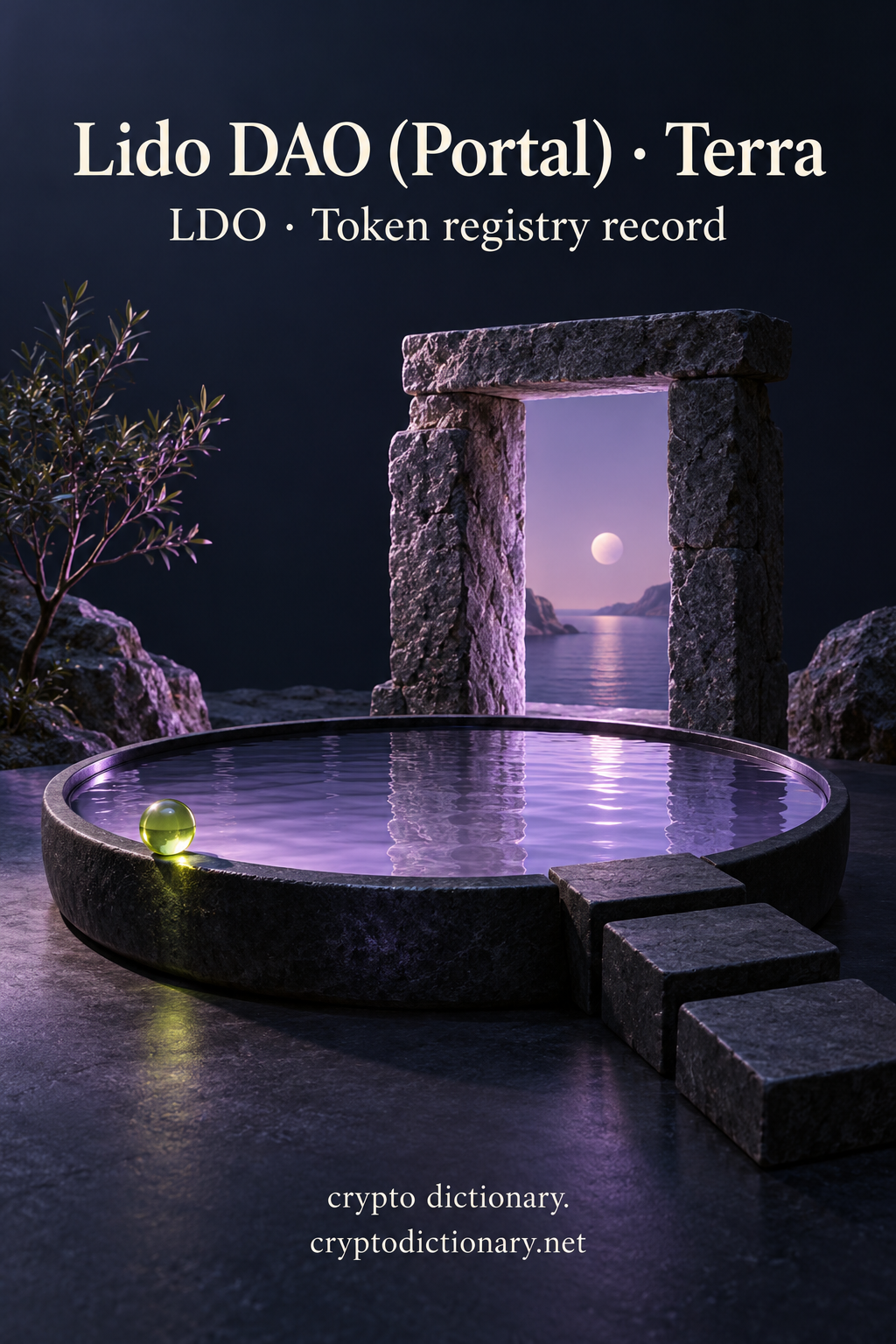 Still lilac glass pool with blank stepping tiles and a stone doorway beneath Lido DAO (Portal) · Terra.