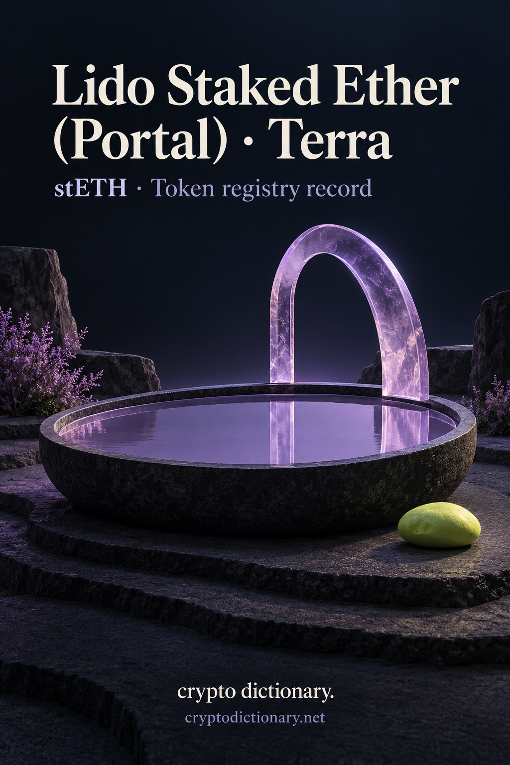 Lido Staked Ether (Portal) on Terra illustrated by an original still lilac glass pool and asymmetrical arch on dark stone, with neutral stETH registry caption.