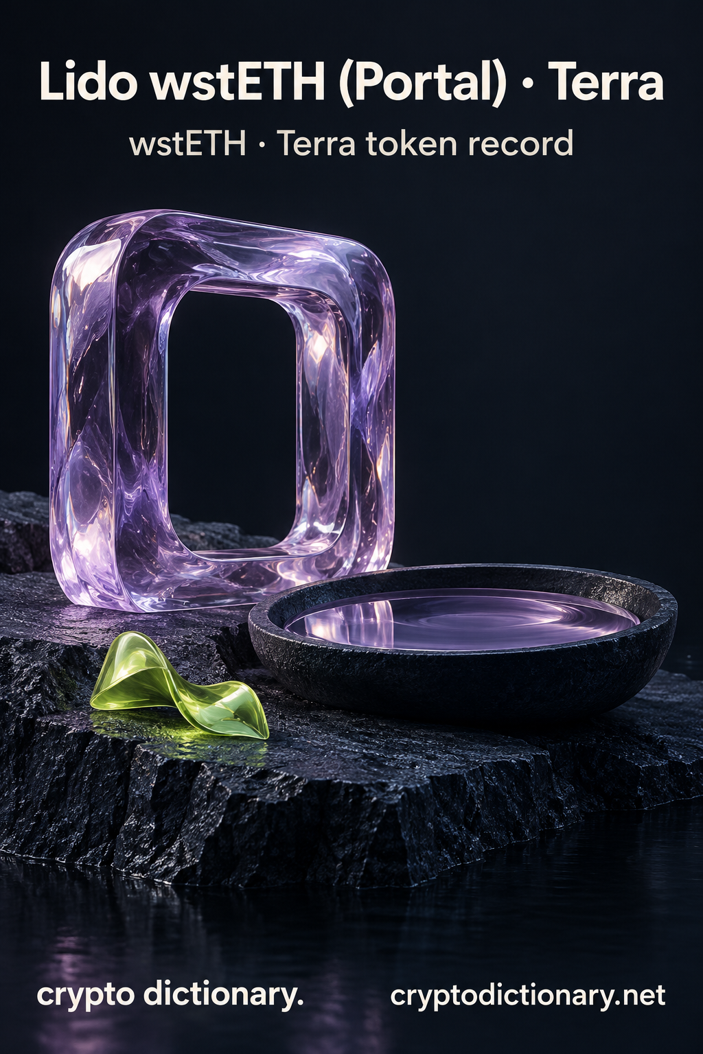 Lido wstETH (Portal) · Terra — original lilac glass name-inspired sculpture with accurate wstETH token record caption.