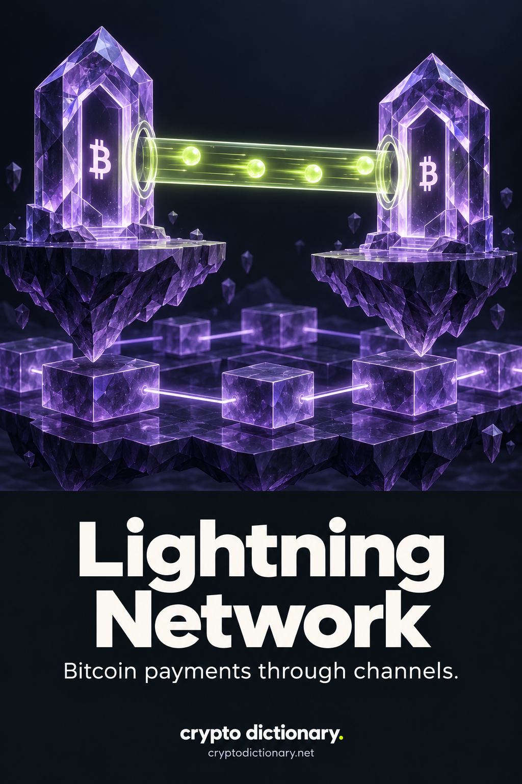 Lightning Network: Lilac payment gateways connect through a lime channel above a distinct blockchain foundation; accurate channel metaphor, no price or financial promise. Text: Bitcoin payments through channels.