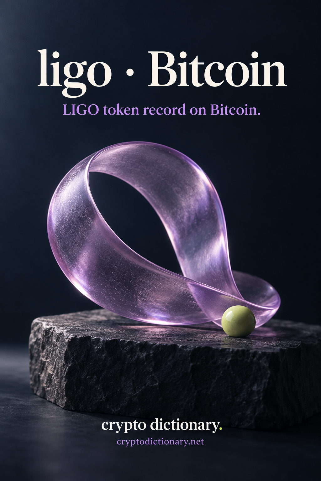 Lilac glass ribbon loop on a dark stone block beside a lime bead; ligo · Bitcoin registry artwork.