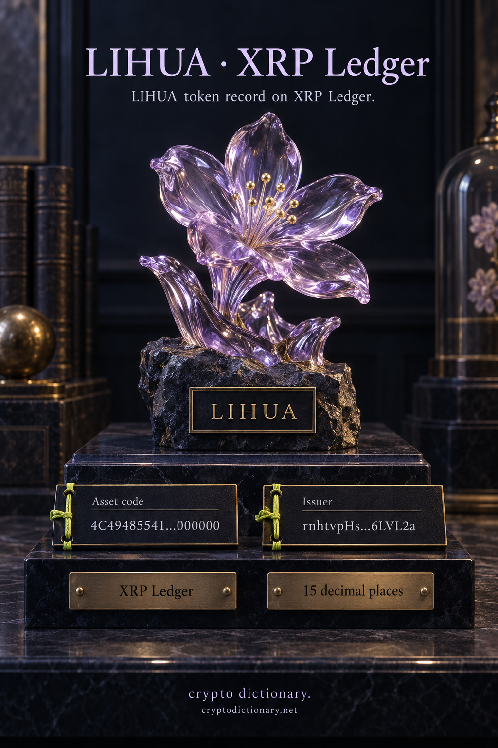 Original lilac glass blossom specimen labelled LIHUA on XRP Ledger, with separate issued-asset code and issuer tags and fifteen-decimal registry precision.