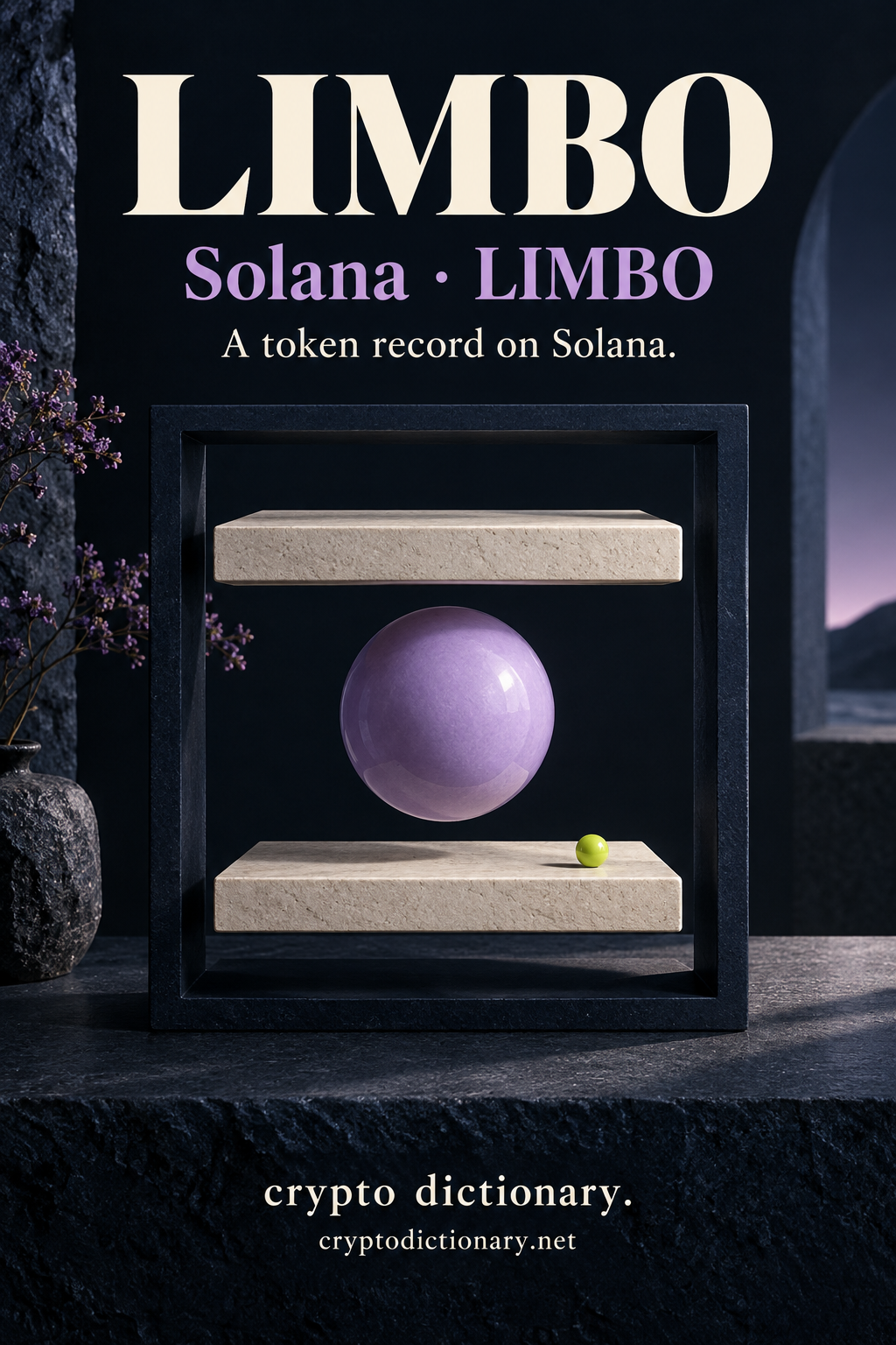 LIMBO, Solana · LIMBO, above a motionless lilac ceramic sphere suspended between two ivory shelves in an open navy frame, with a lime bead and Crypto Dictionary footer.