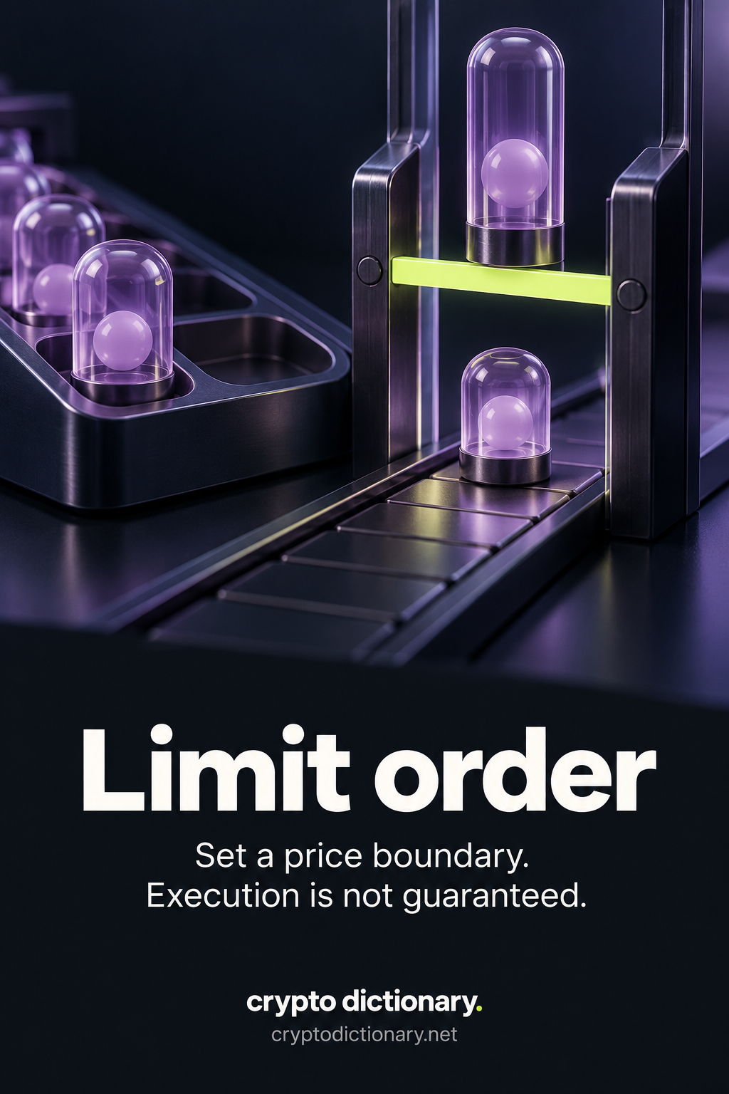 Lilac order capsules at a lime price-boundary gate, with a compatible capsule passing, another waiting in an order tray and an oversized capsule blocked.