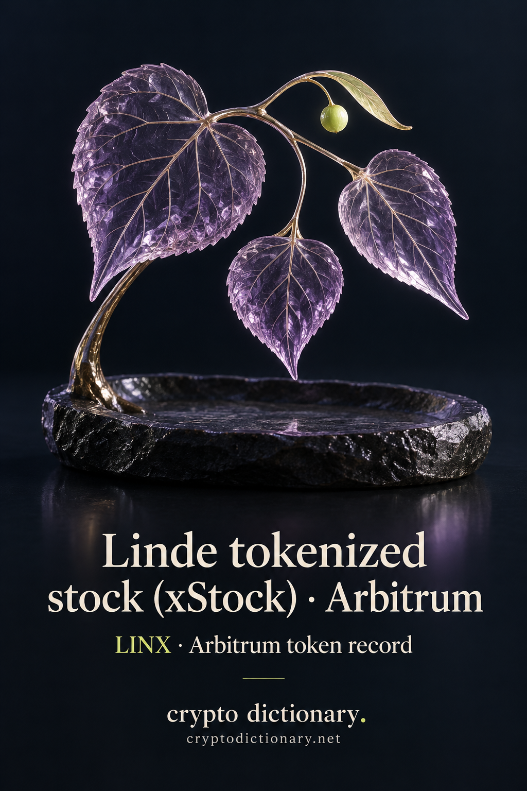 Linde tokenized stock (xStock) · Arbitrum — original lilac glass name-inspired sculpture with accurate LINX token record caption.