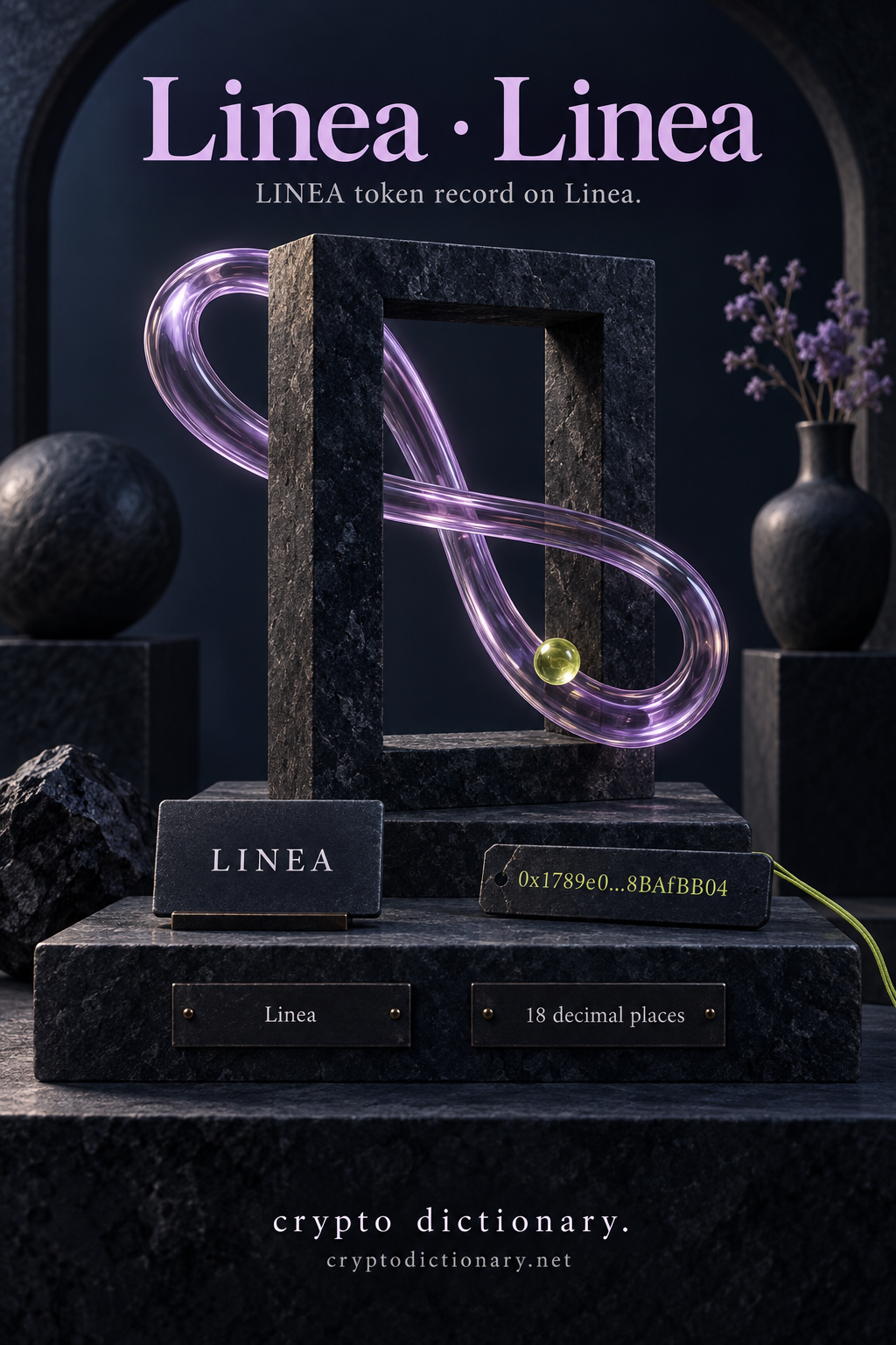 Original looping lilac glass line through a navy stone frame, identifying LINEA token on Linea with matching contract tag and eighteen-decimal precision.