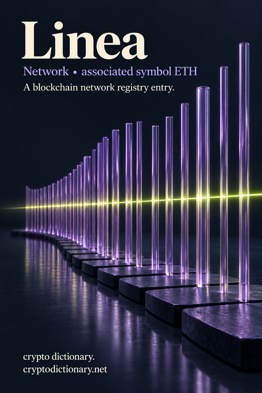Linea network registry illustration with original lilac glass parallel lines over connected navy stepping tiles and lime highlights.