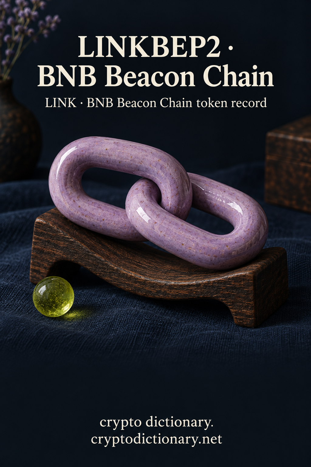Two interlocked lilac ceramic links on wooden saddle for LINKBEP2 on BNB Beacon Chain with LINK registry caption.