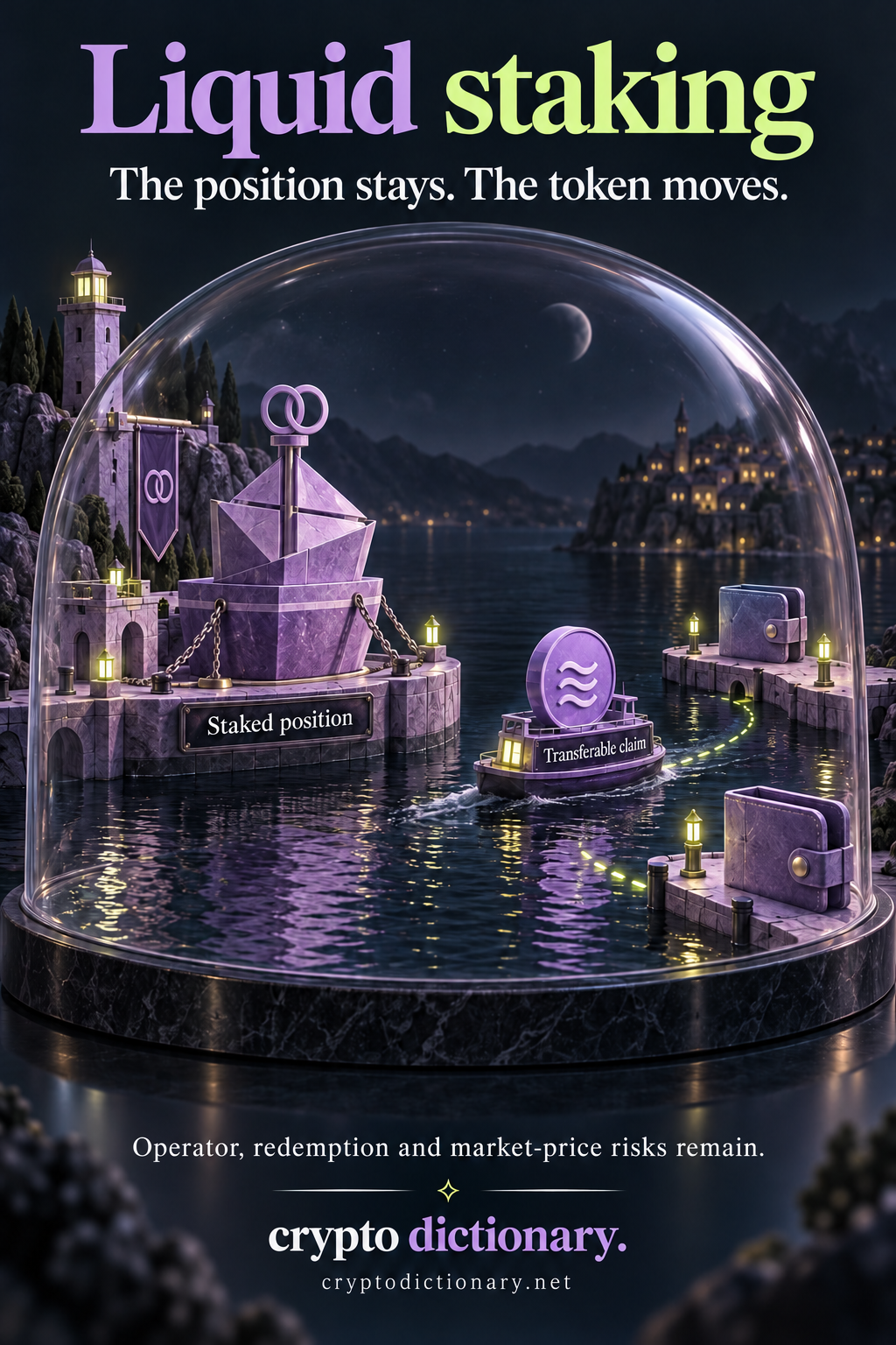 Liquid staking: an anchored lilac staking vessel stays at a network quay while a separate transferable-claim token ferry travels between wallet piers.