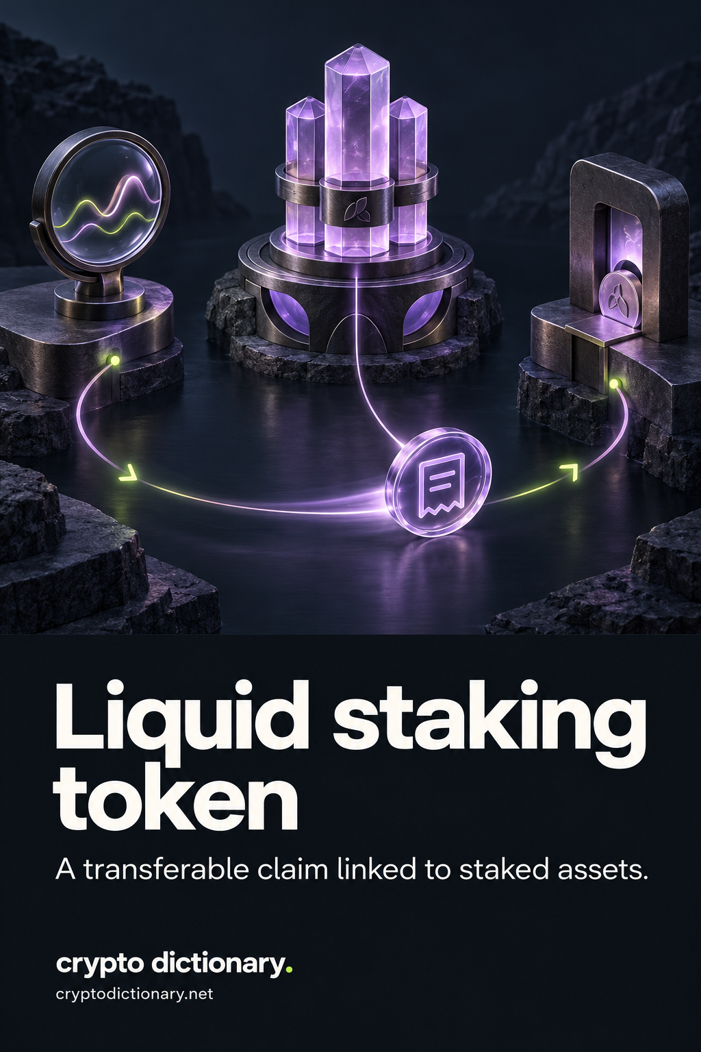 A transferable receipt token circulates separately from stationary staked asset columns, with distinct market-view and redemption stations.