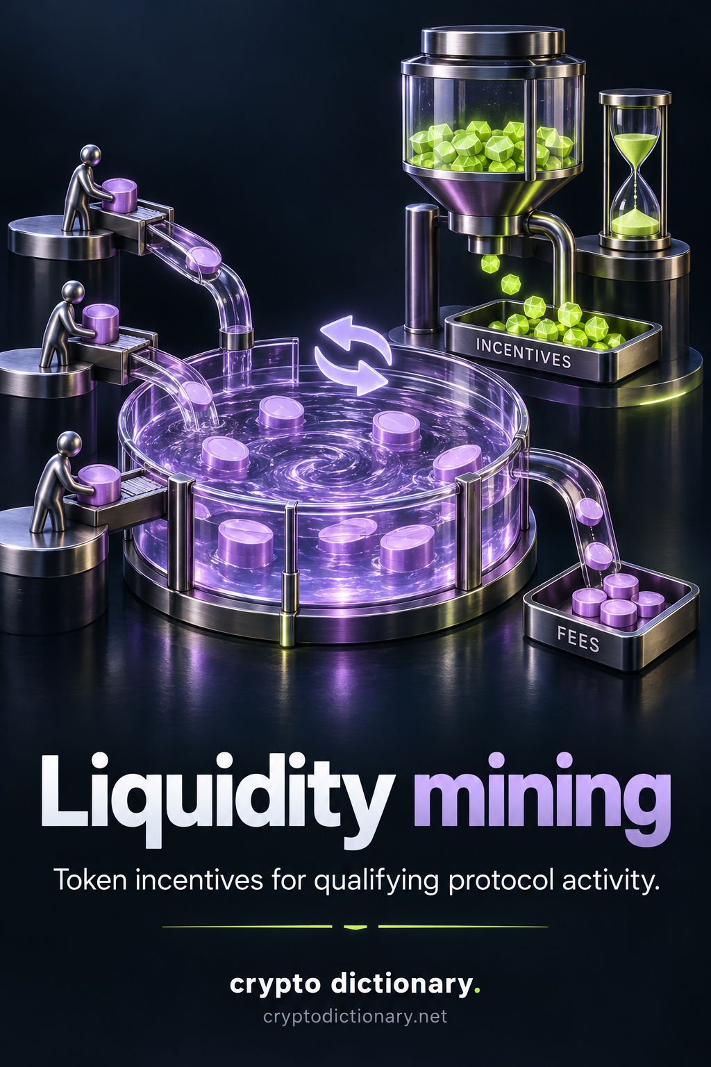 Participants deposit lilac tokens into a swap liquidity basin, while trading fees and lime incentive tokens from a finite timed dispenser are collected in separate trays.