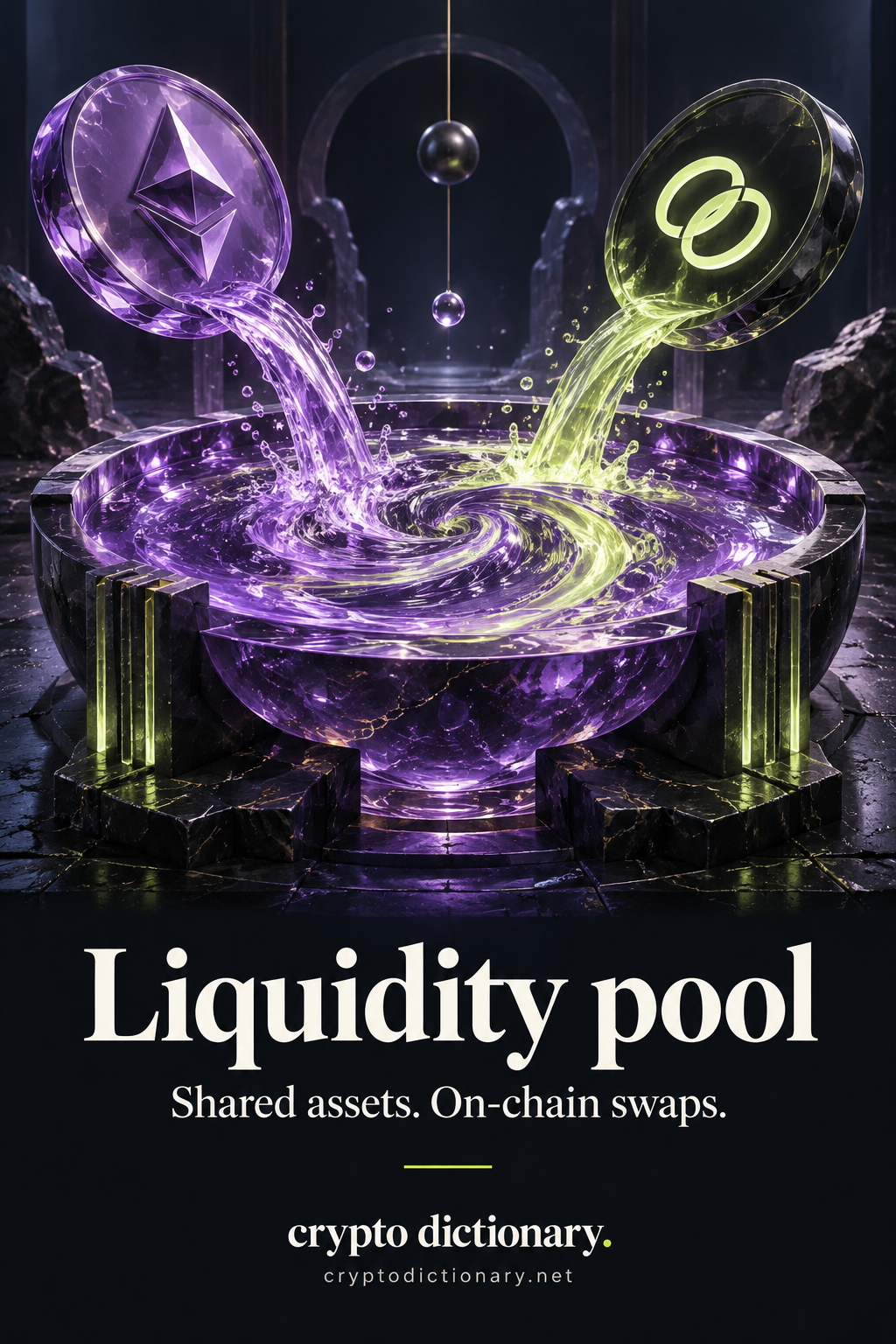 Liquidity pool — Shared assets. On-chain swaps. Original purple glass and lime illustration for Crypto Dictionary.