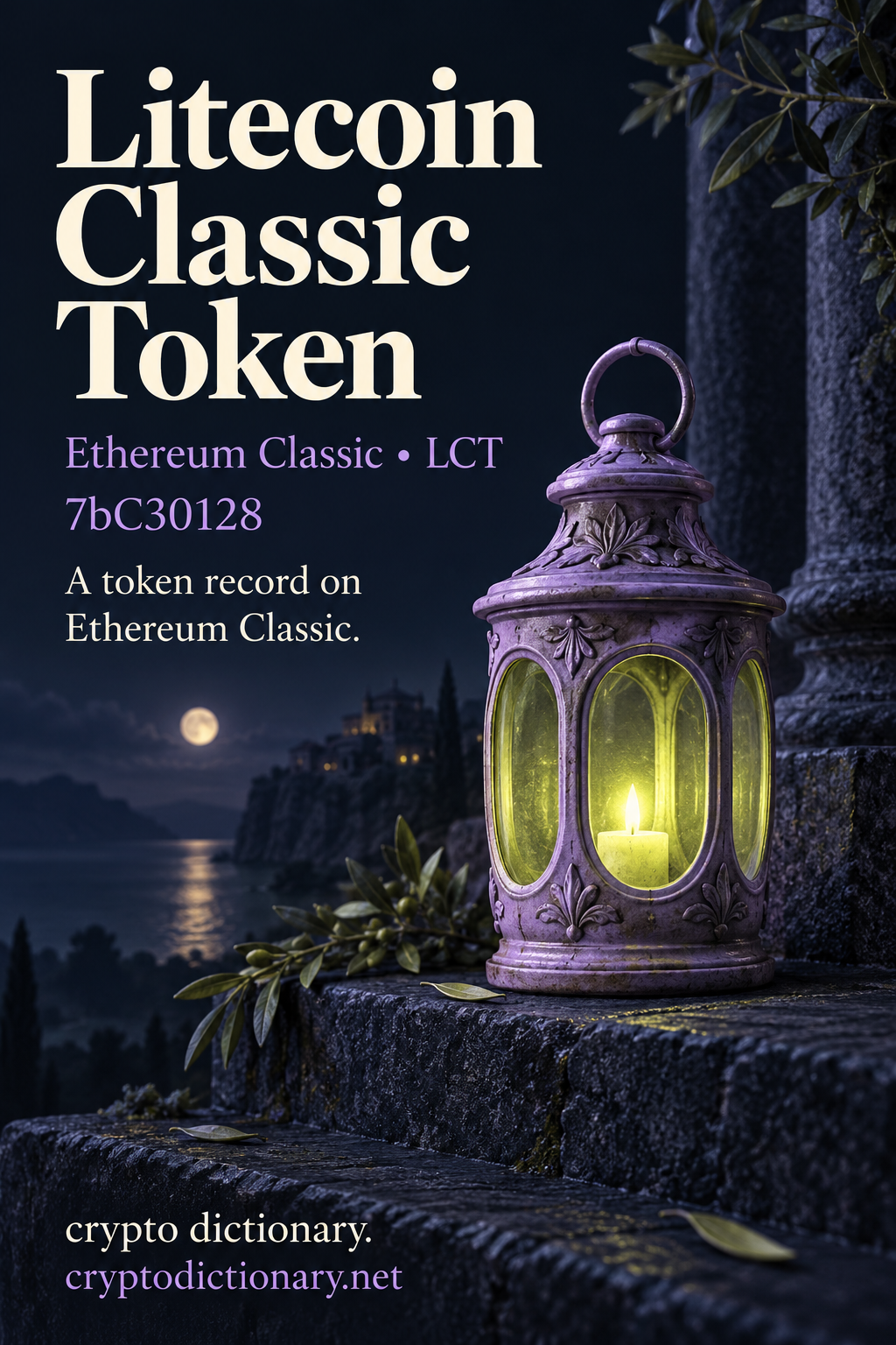 Litecoin Classic Token registry illustration on Ethereum Classic showing a lilac vintage ceramic lantern with a restrained lime glow and no official marks.