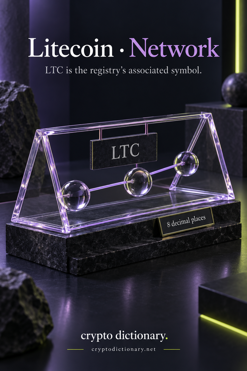 An LTC identity card in a triangular glass network catalog frame with eight-decimal precision.