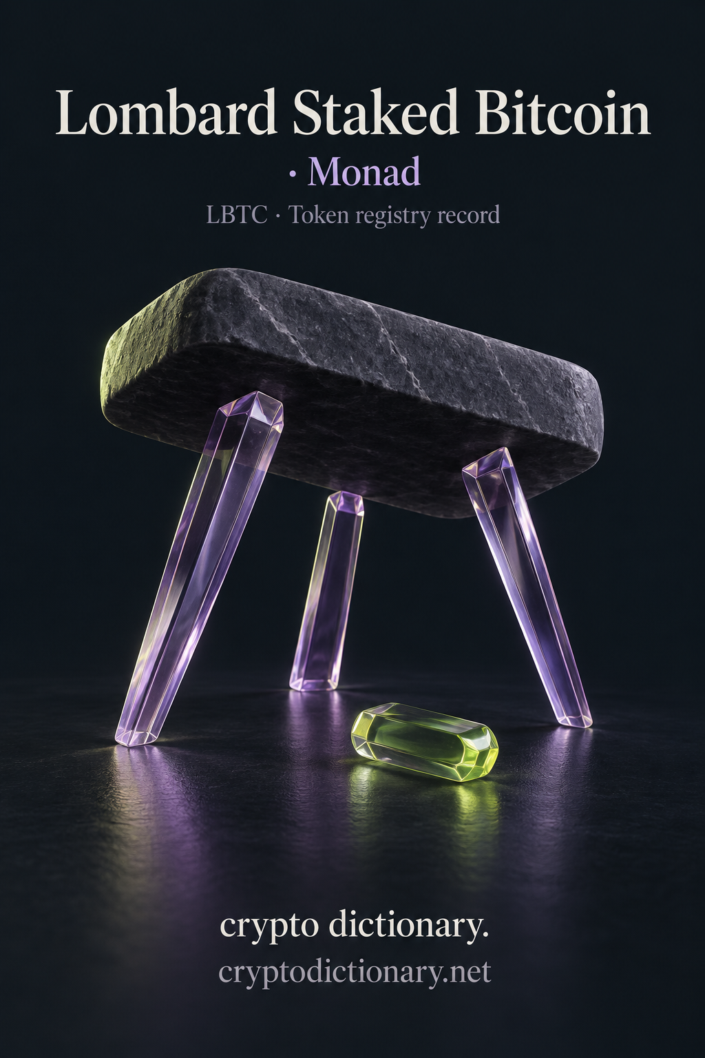 Lombard Staked Bitcoin · Monad registry artwork showing three lilac glass stakes supporting a blank charcoal slab, with a separate lime lozenge.