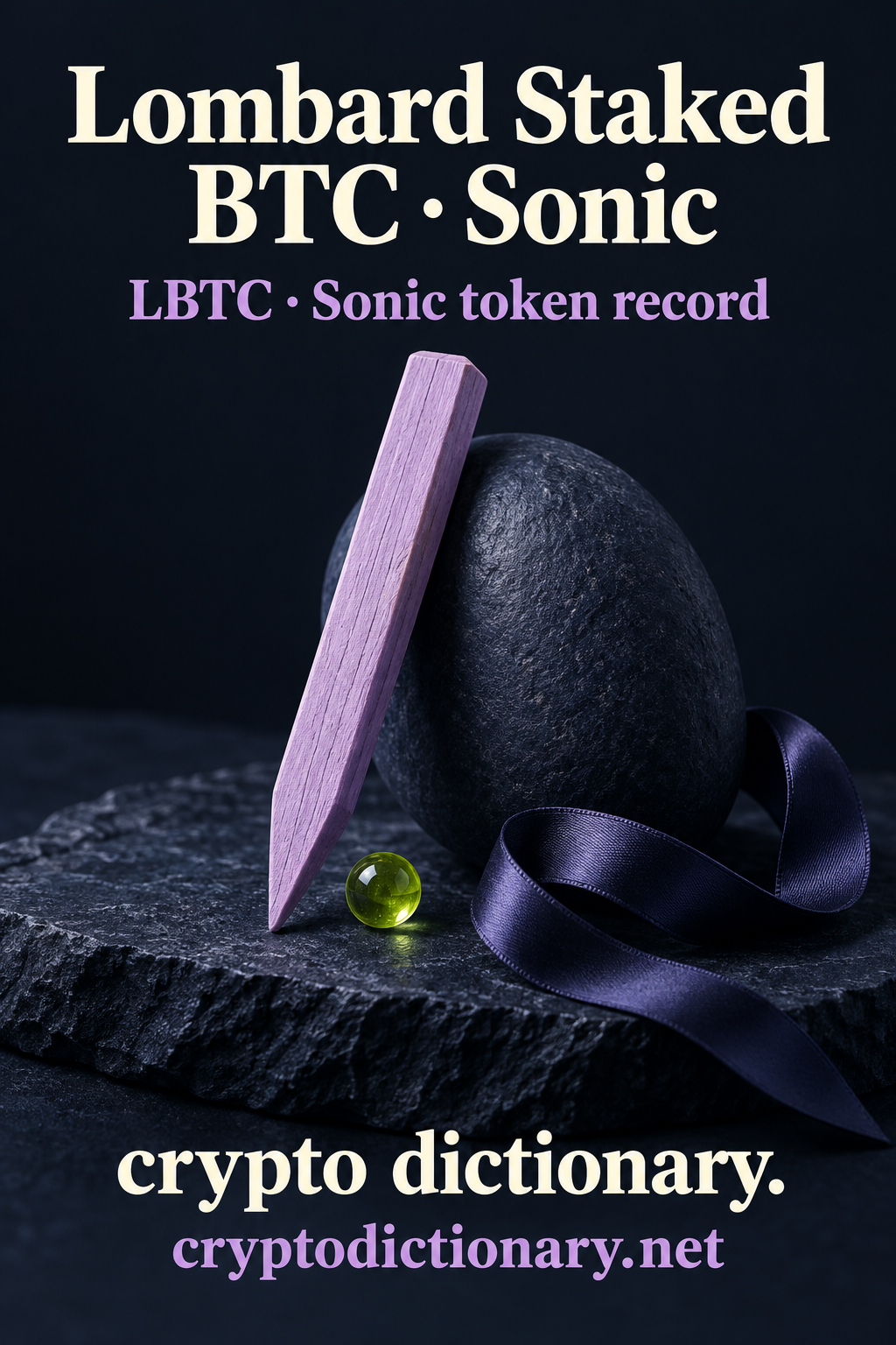 A pointed lilac wooden garden stake leaning against navy stone beside a loose navy ribbon and lime bead, beneath Lombard Staked BTC · Sonic.