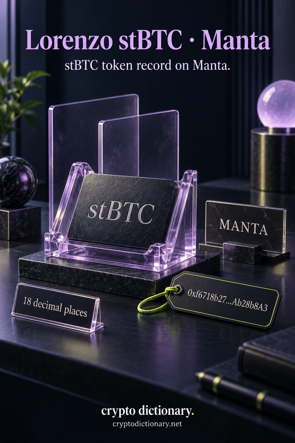 A stBTC registry plaque in a lilac glass cradle, with Manta identity and abbreviated public contract tag.