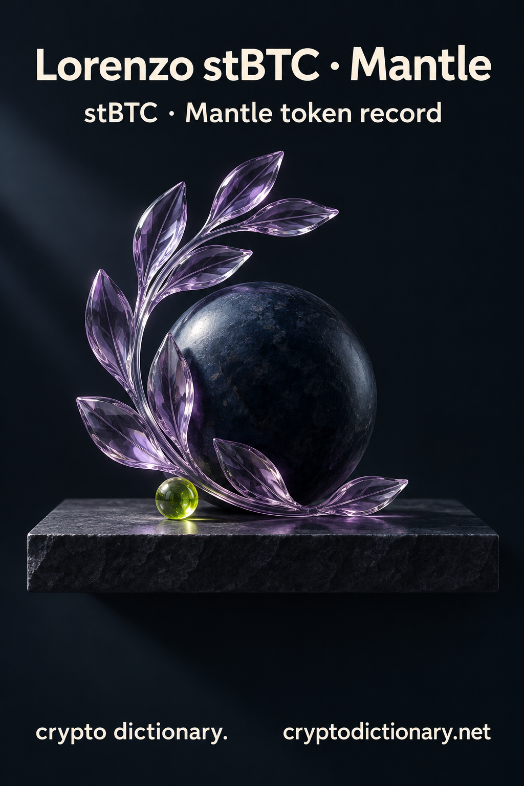 Lorenzo stBTC · Mantle — original lilac glass name-inspired sculpture with accurate token record caption.