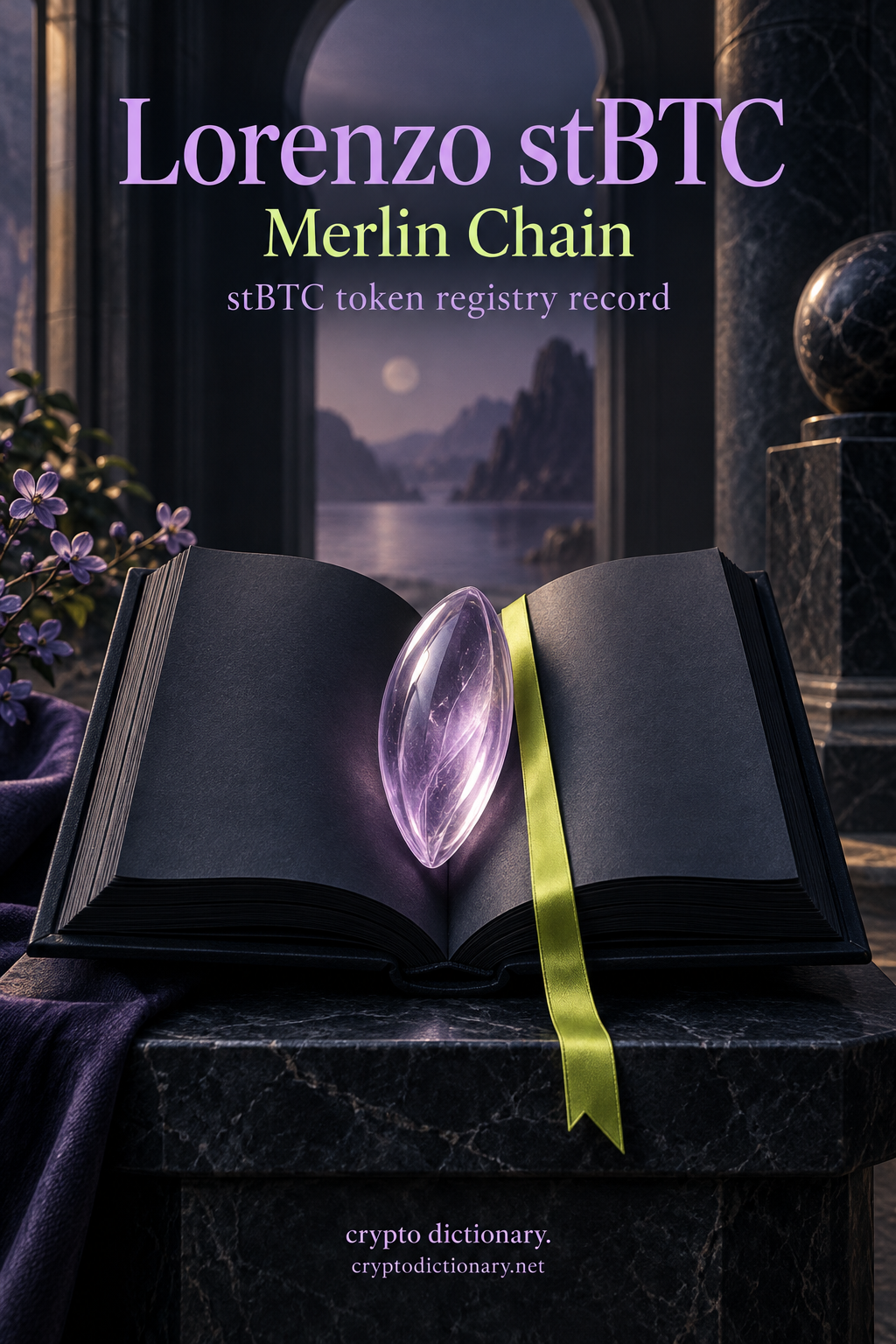 Lorenzo stBTC on Merlin Chain: lilac glass seed on a blank navy archive book with lime ribbon.