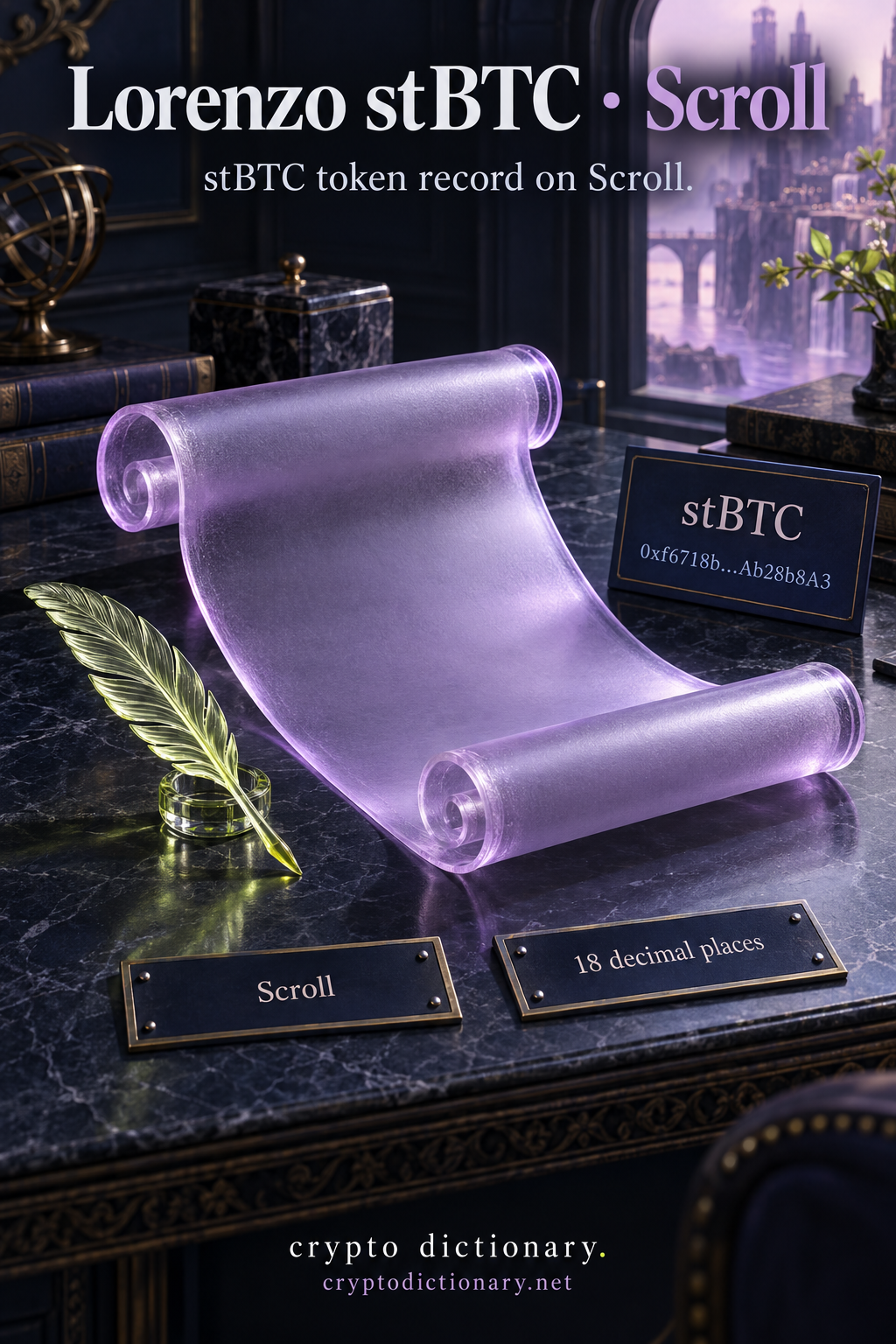A blank curled lilac glass scroll and lime glass feather on a navy writing desk beside a stBTC specimen, abbreviated public contract, Scroll and 18 decimal places plaques.