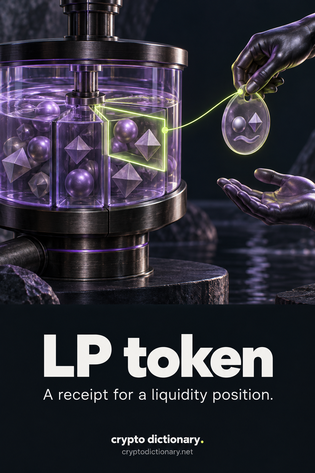 A receipt token tethered to one highlighted claim segment of a two-asset liquidity reservoir is transferred between hands.