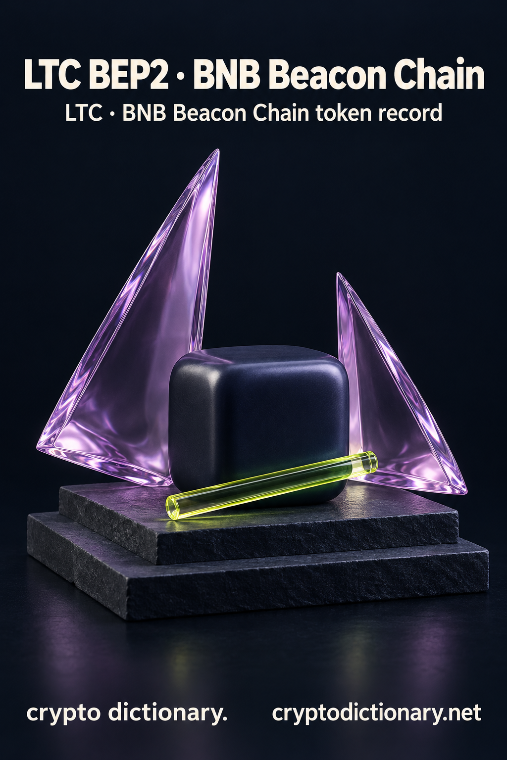 LTC BEP2 · BNB Beacon Chain — original lilac glass name-inspired sculpture with accurate LTC token record caption.