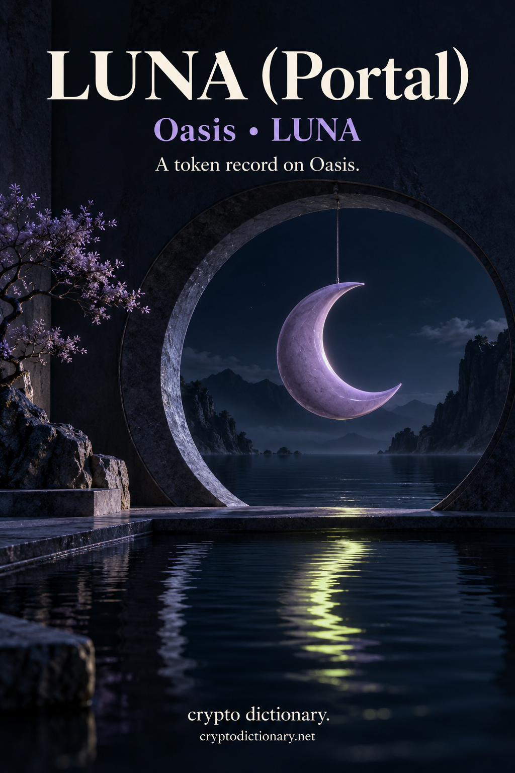 LUNA (Portal) token registry illustration on Oasis with an original lilac ceramic crescent set in a circular navy doorway above a small lime-reflected pool.