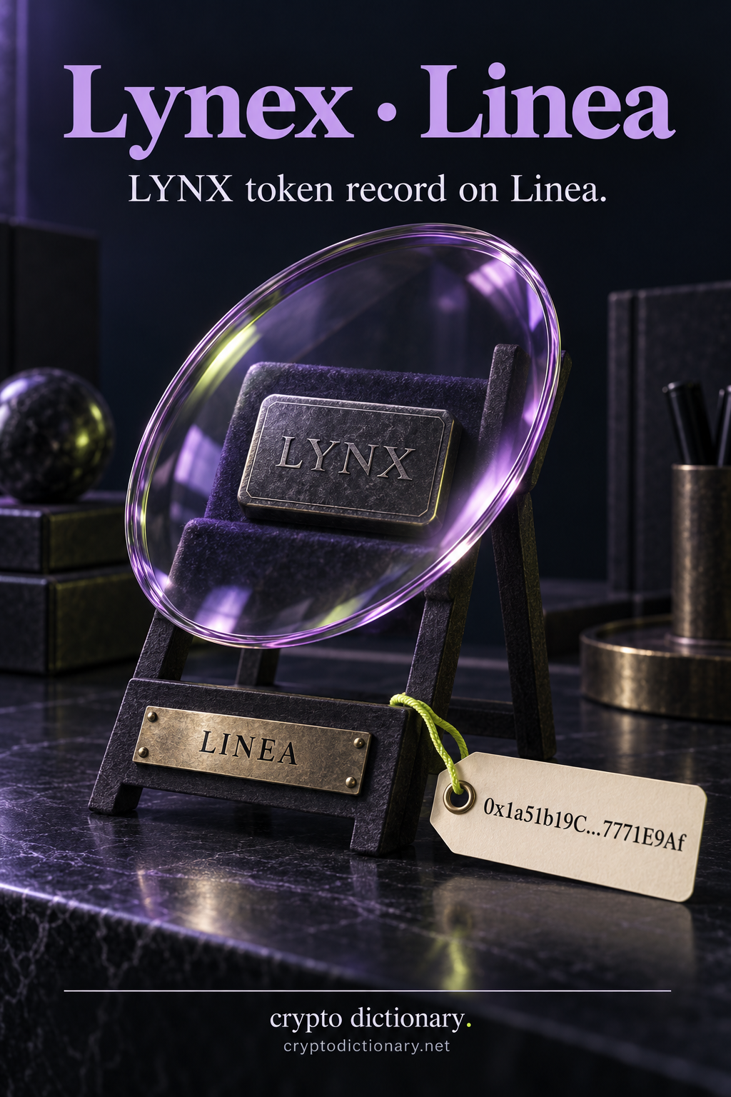 A LYNX specimen inspected through a lilac glass lens, with Linea identity plaque and abbreviated public contract tag.