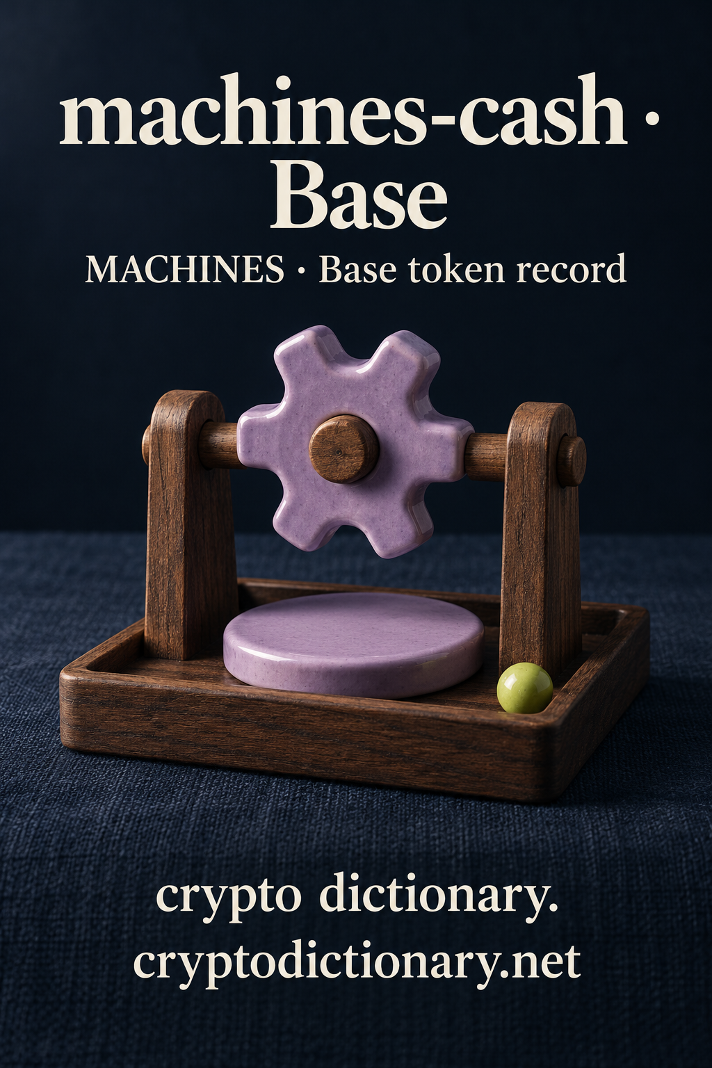 Lilac ceramic gear on a wooden axle above a blank ceramic disc in a tray, illustrating the machines-cash registry name on Base.