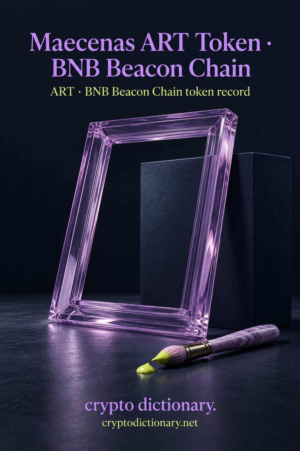 Maecenas ART Token · BNB Beacon Chain — original navy, lilac and lime sculptural token-registry illustration.