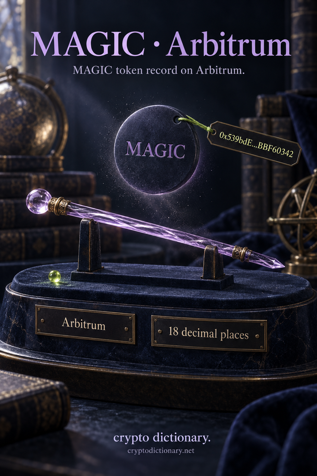 Original lilac glass wand and staged suspended MAGIC specimen, identifying the Arbitrum token record with matching public contract tag and eighteen-decimal precision.