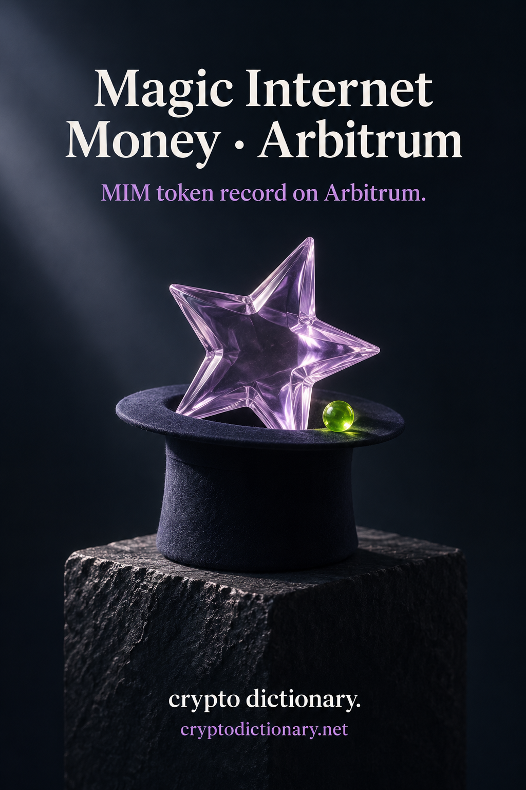 Lilac glass star held in a plain navy top hat with lime bead on stone; Magic Internet Money · Arbitrum registry artwork.
