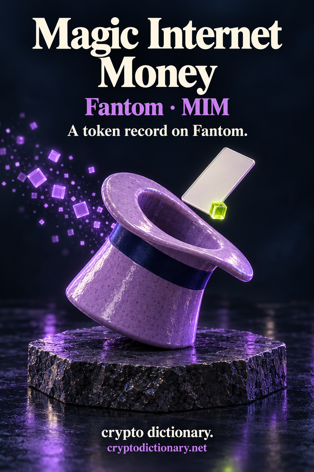 A lilac ceramic magician’s top hat lifts a blank ivory card and lime cube above a basalt stage, labeled Magic Internet Money and Fantom · MIM.