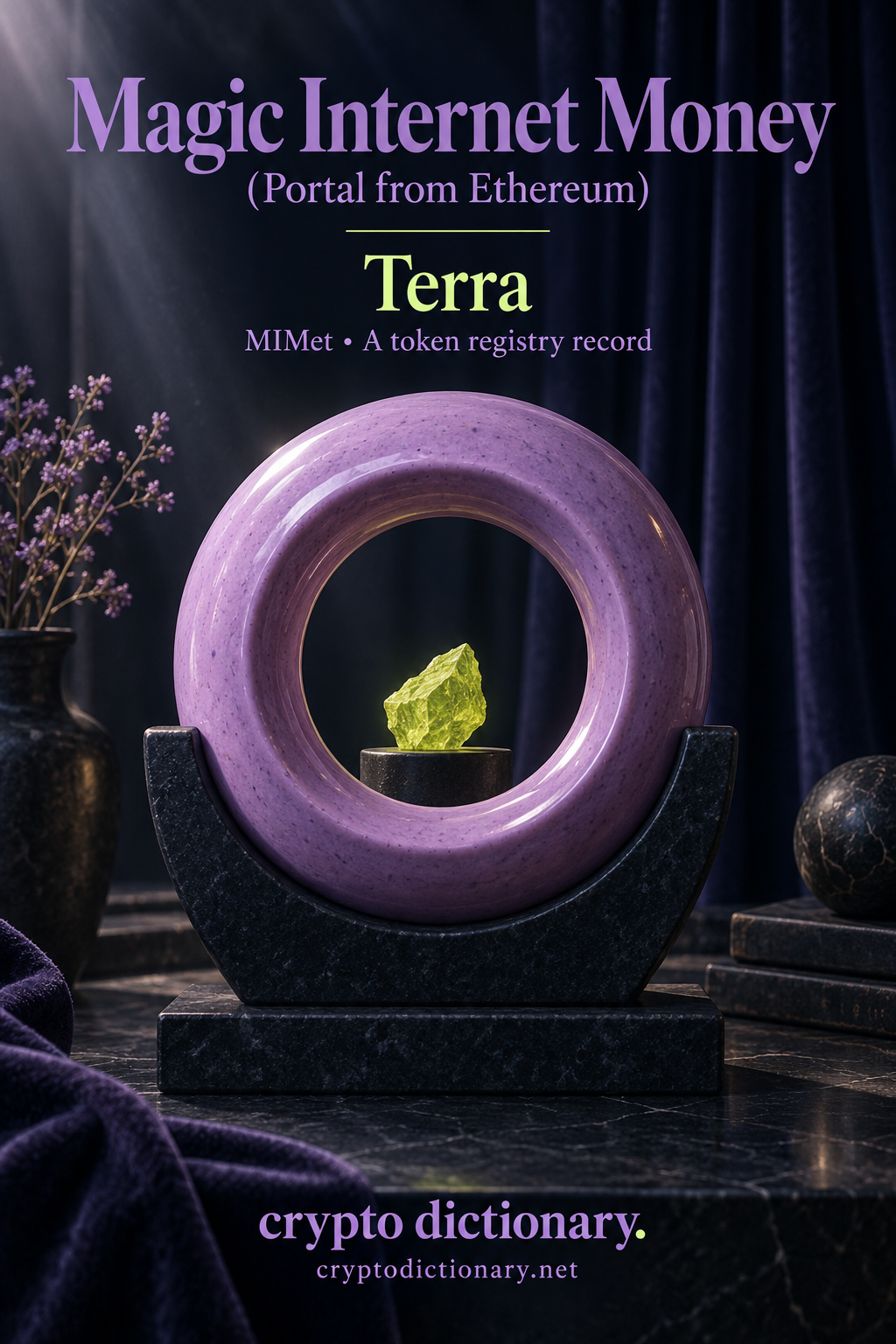 Lilac viewing ring and lime specimen for Magic Internet Money (Portal from Ethereum), MIMet registry record on Terra.