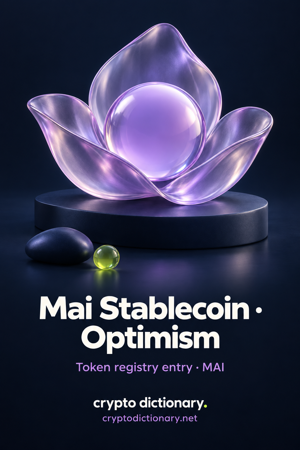 Mai Stablecoin on Optimism registry poster with a blank medallion inside three lilac glass petals and neutral MAI caption.