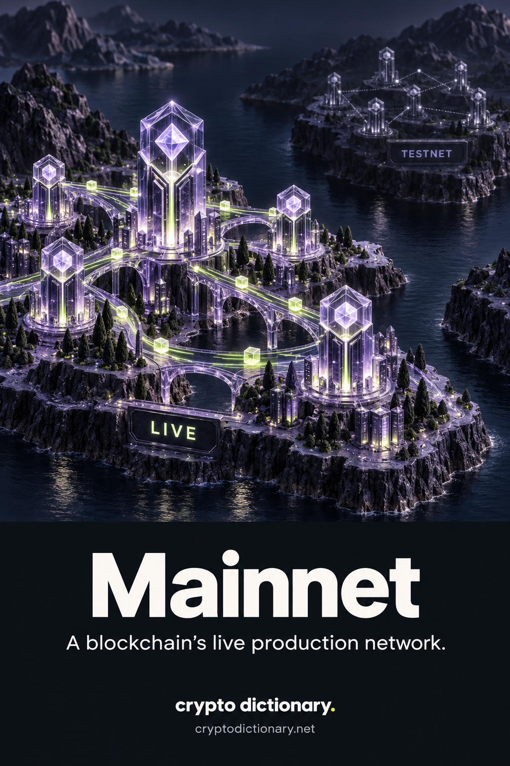 A live operational network of glass ledger towers carries transaction pulses, separated by water from an isolated test network.