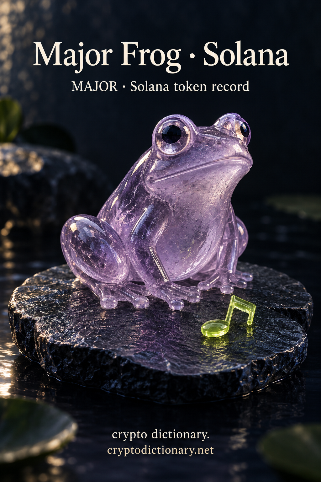 Major Frog · Solana — original lilac glass name-inspired sculpture with accurate MAJOR token record caption.