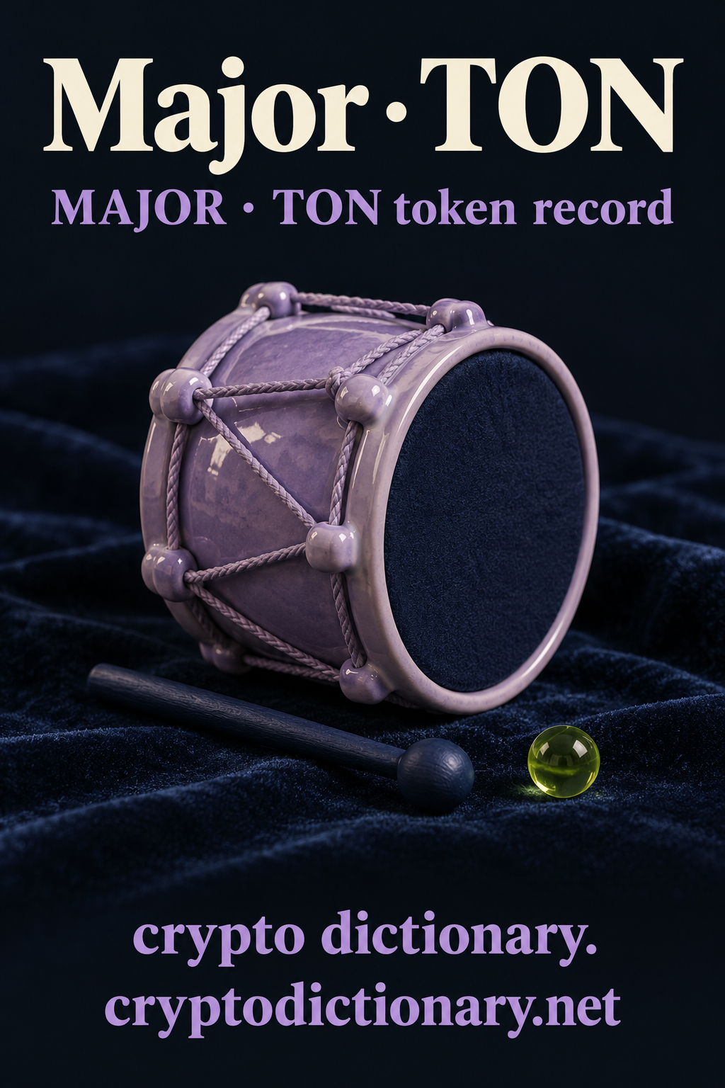 A lilac ceramic miniature drum with navy fabric head, dark wooden mallet and lime bead on navy velvet, under Major · TON.