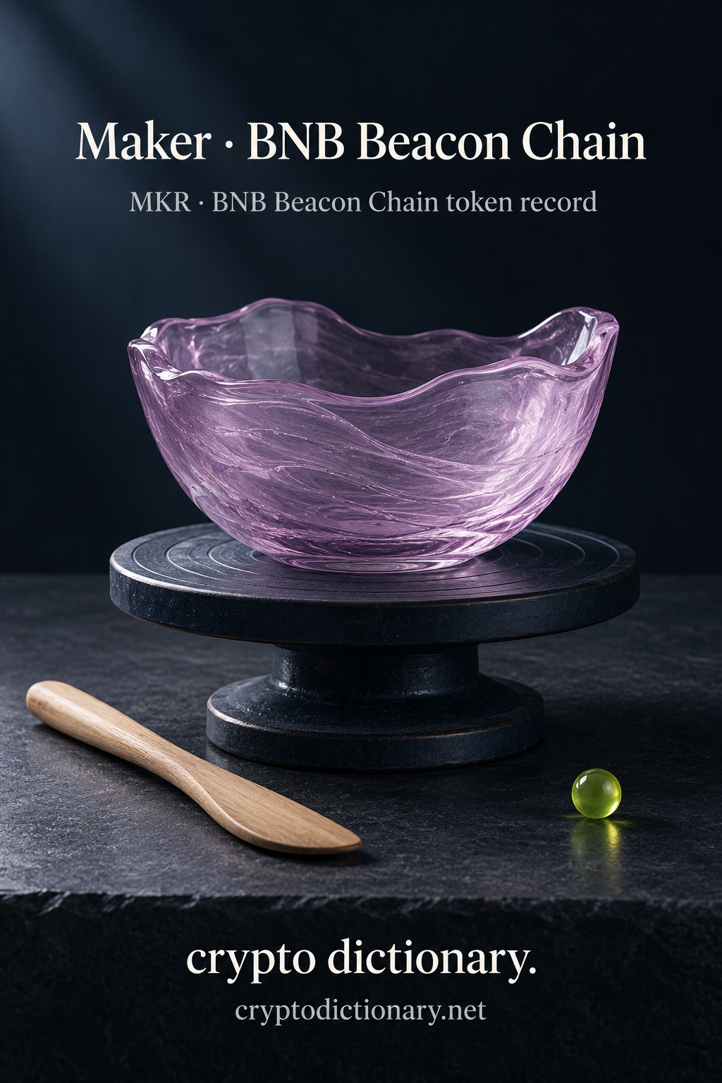 Lilac handmade glass bowl on a stationary navy pottery turntable with an unmarked wooden shaping tool and small lime bead, under Maker · BNB Beacon Chain registry heading.